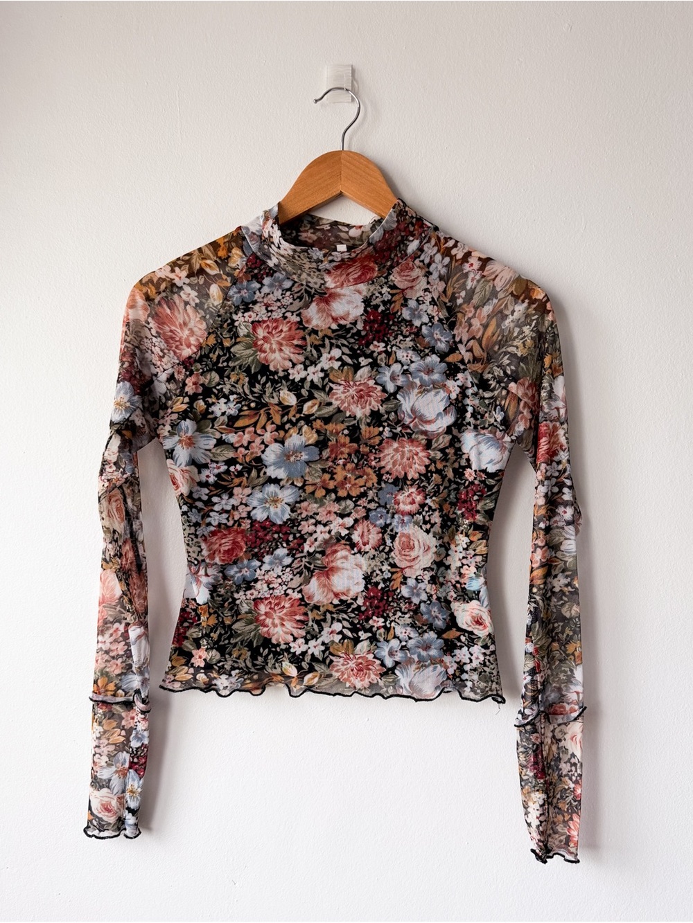 Floral Mesh Long-Sleeve Mock Neck Top - Black Multi